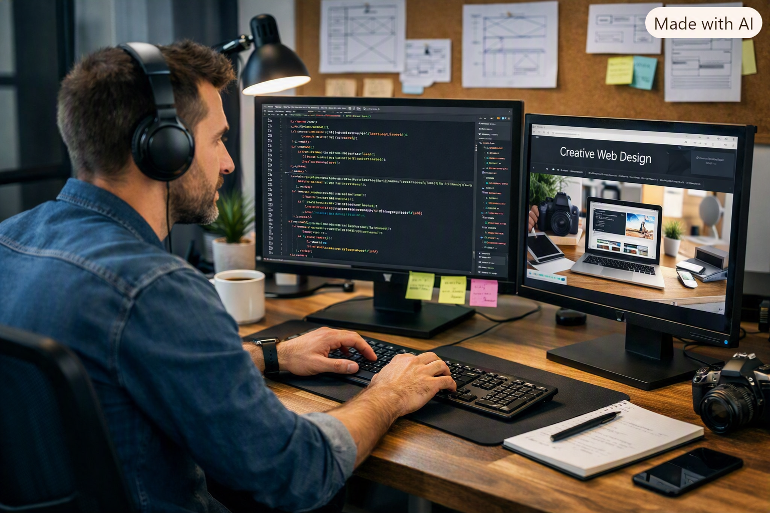 Webdesigner und Developer an dualen Monitoren mit Code und Creative Web Design